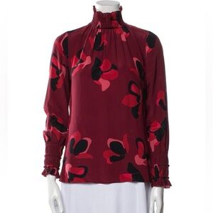 Akris Punto Red Floral Silk High Neck Ruffles Blouse size 12